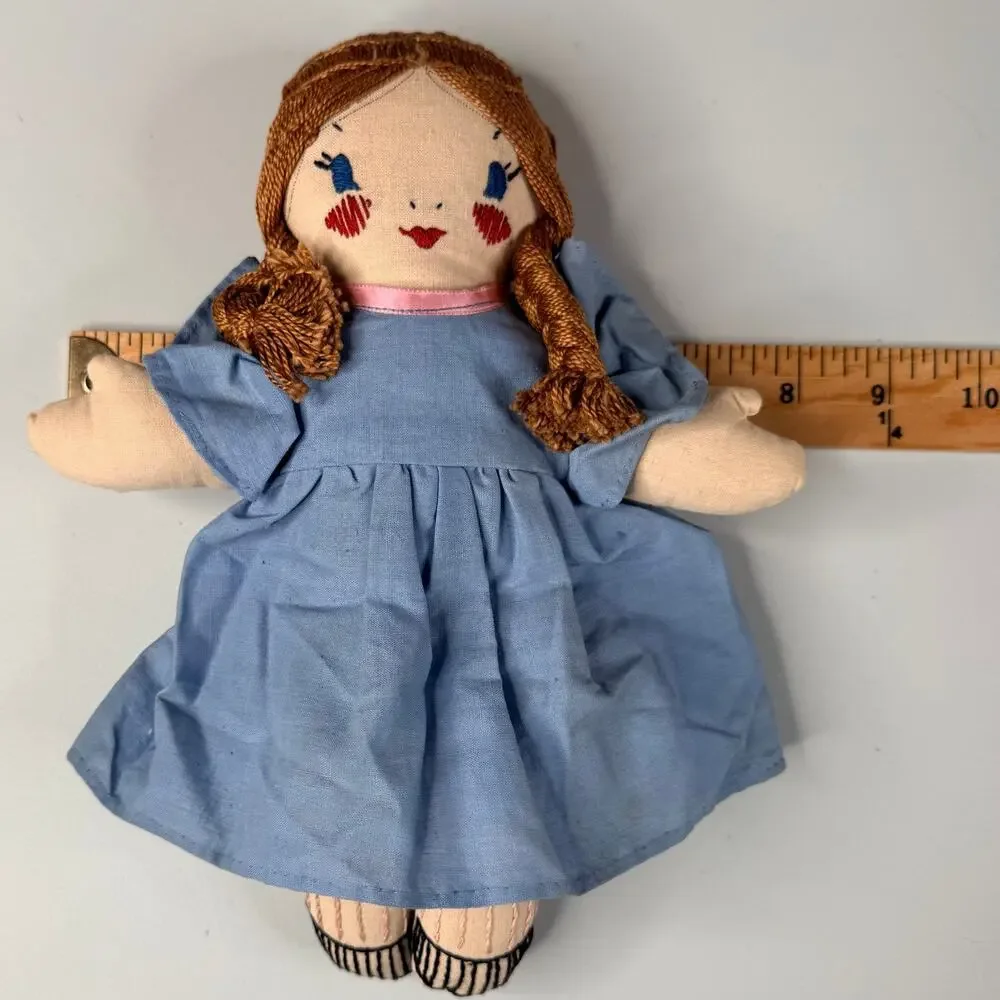 Vintage Handmade Rag Doll Cloth Folk Art Blue Dress Cottagecore Nursery Decor